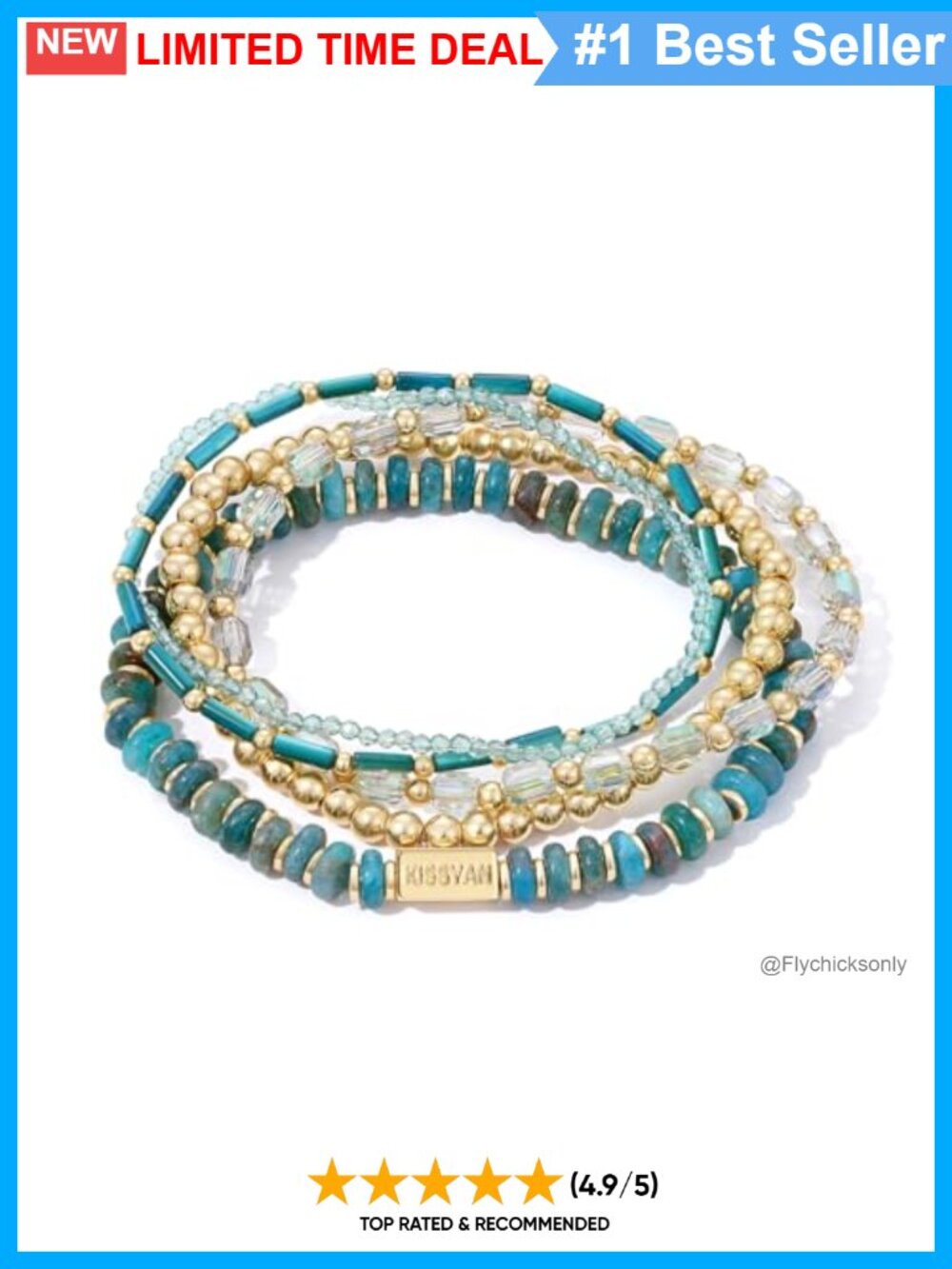 Natural Stone Beaded Stackable Bracelet Set 14K Gold Plated Elastic 5 Piece